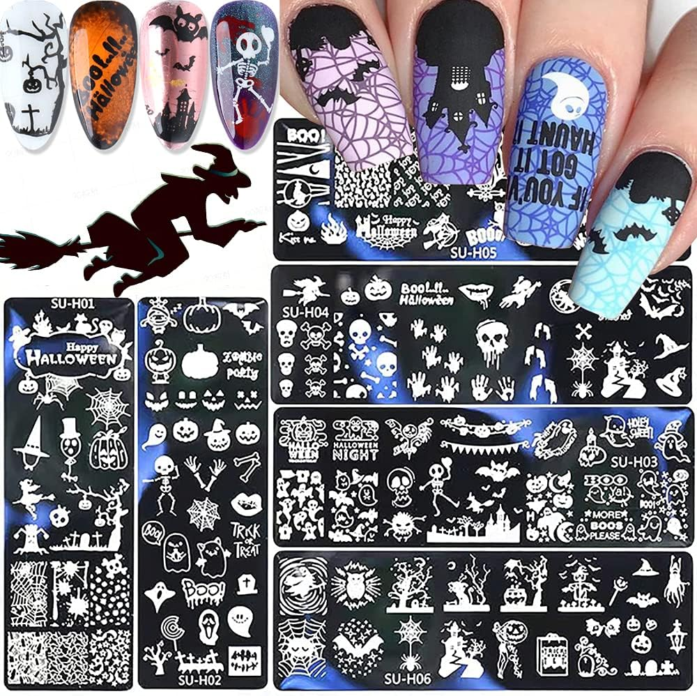 Halloween Nail Art Stamping Plates, 6 PCS Halloween Nail Stamper Kit Horror Ghost Skull Pumpkin Spider Witch Nail Art Stencils Plates Halloween Holiday Party Manicure Template Design Tool image number 6