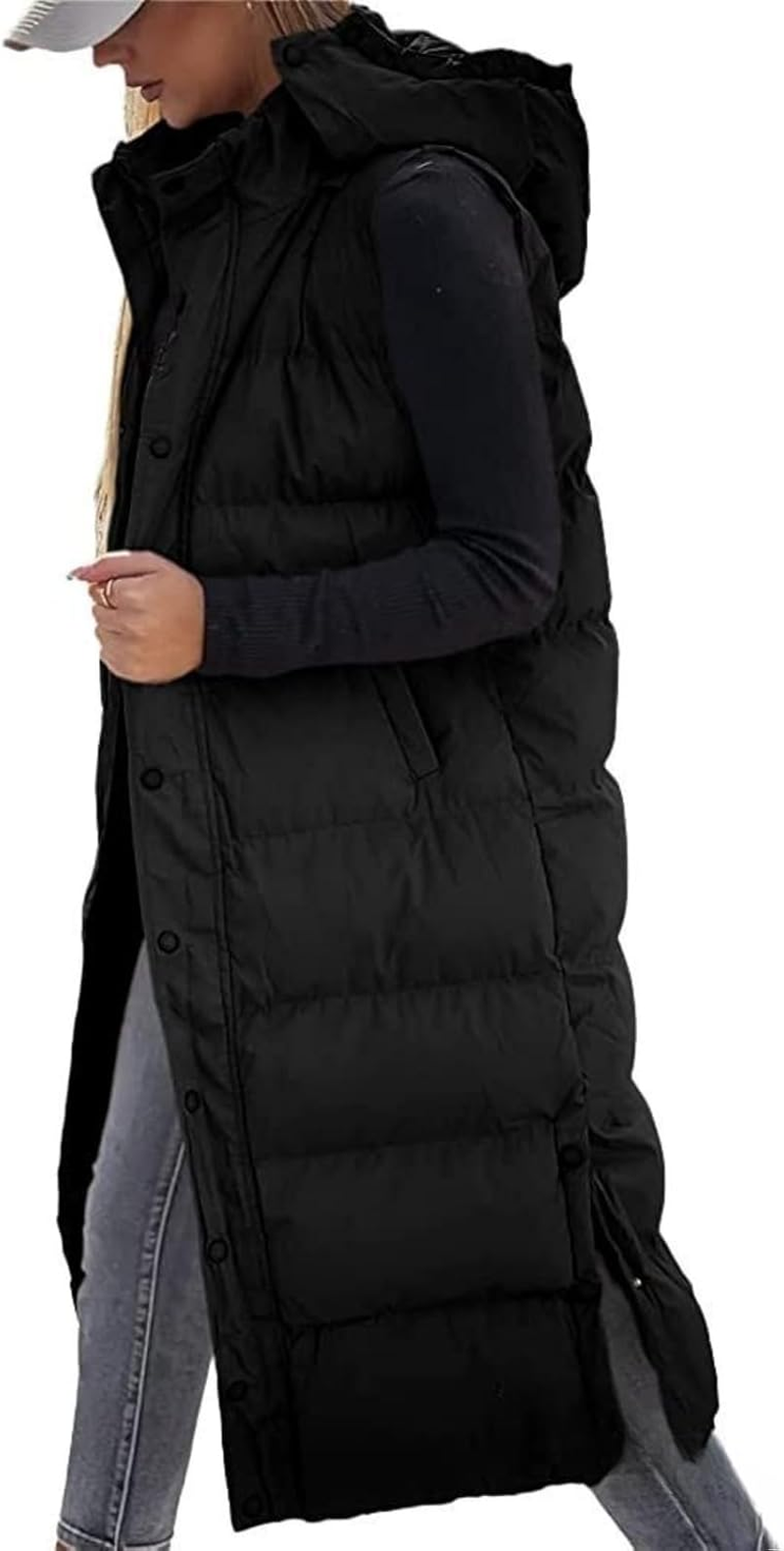Long Puffer Vest Women, 2025 Hooded Button down Quilted Vest Women, Fashionable Versatile, Lightweight Puffy image number 3