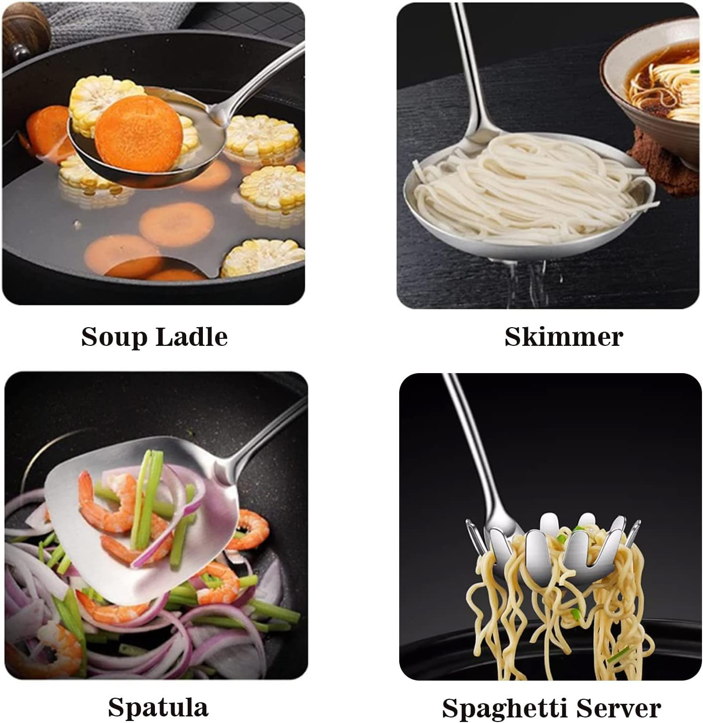 Kitchen Utensils Set Stainless Steel, 6 Pcs Professional All Metal Cooking Utensils Set, Wok Spatula, Ladle, Skimmer, Slotted Spatula Tunner, Spaghetti Spoon, Large Spoon - Brushed image number 5