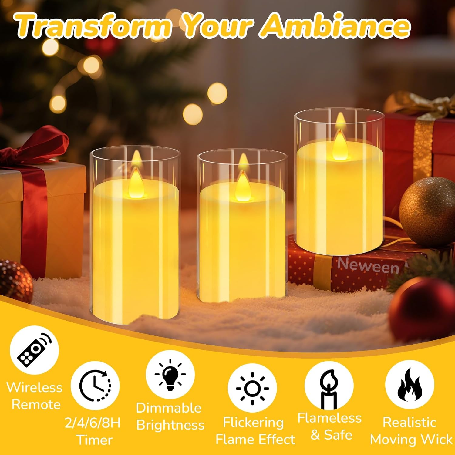 Neween Flickering Flameless Candles Set of 3, 3D Moving Wick Acrylic Battery Operated LED Pillar Candles with Remote and Timer for Christmas Halloween Valentine Party Decor (Clear, D3 H4 5" 6") image number 1
