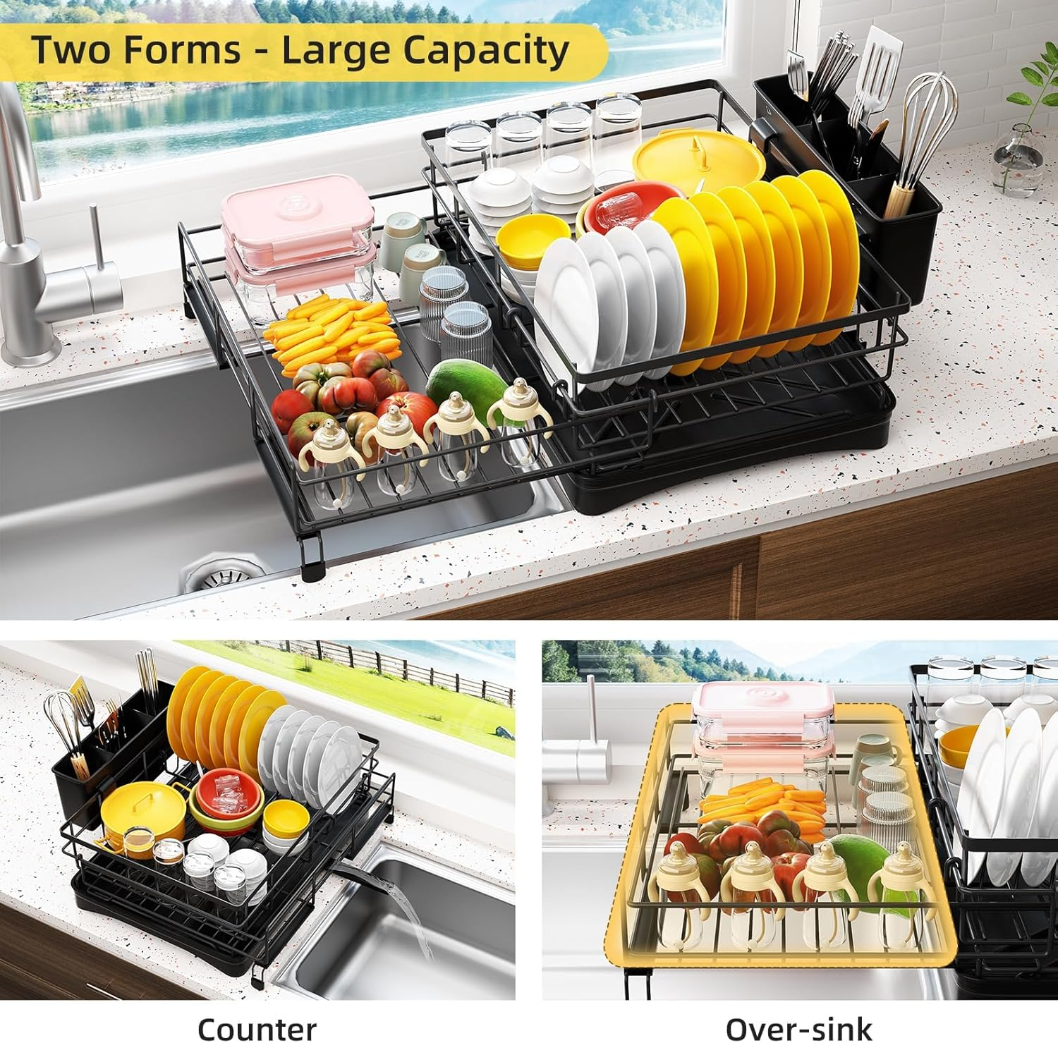 Koreal Dish Drying Rack, Extendable Dish Racks for Kitchen Counter, Stainless Steel Kitchen Drying Rack with Cutlery Holder, Movable Black Dish Drainer with Drainboard & Drainage Spout image number 1