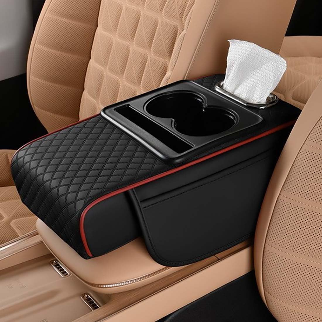 Upgraded Car Centre Console Cover, Universal Leather Memory Foam Armrest with Organizer with 2 Storage Bags, 2 Cup Holder and Tissue Box for Car, Suvs Black with Red Trim image number 6