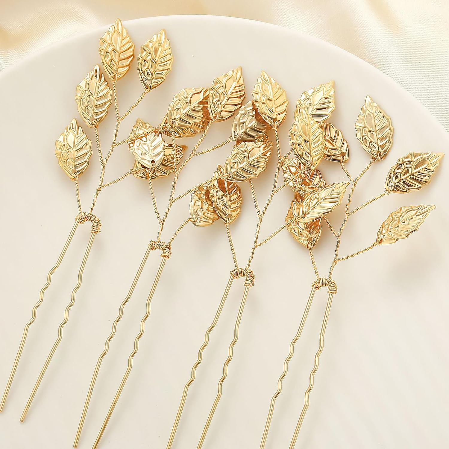 3 Pcs Gold Leaf Hair Pins,U-Shaped Gold Leaf Hair Bun Accessories,Chignon Hairpin for Wedding Bridal Headpiece Decorations image number 2