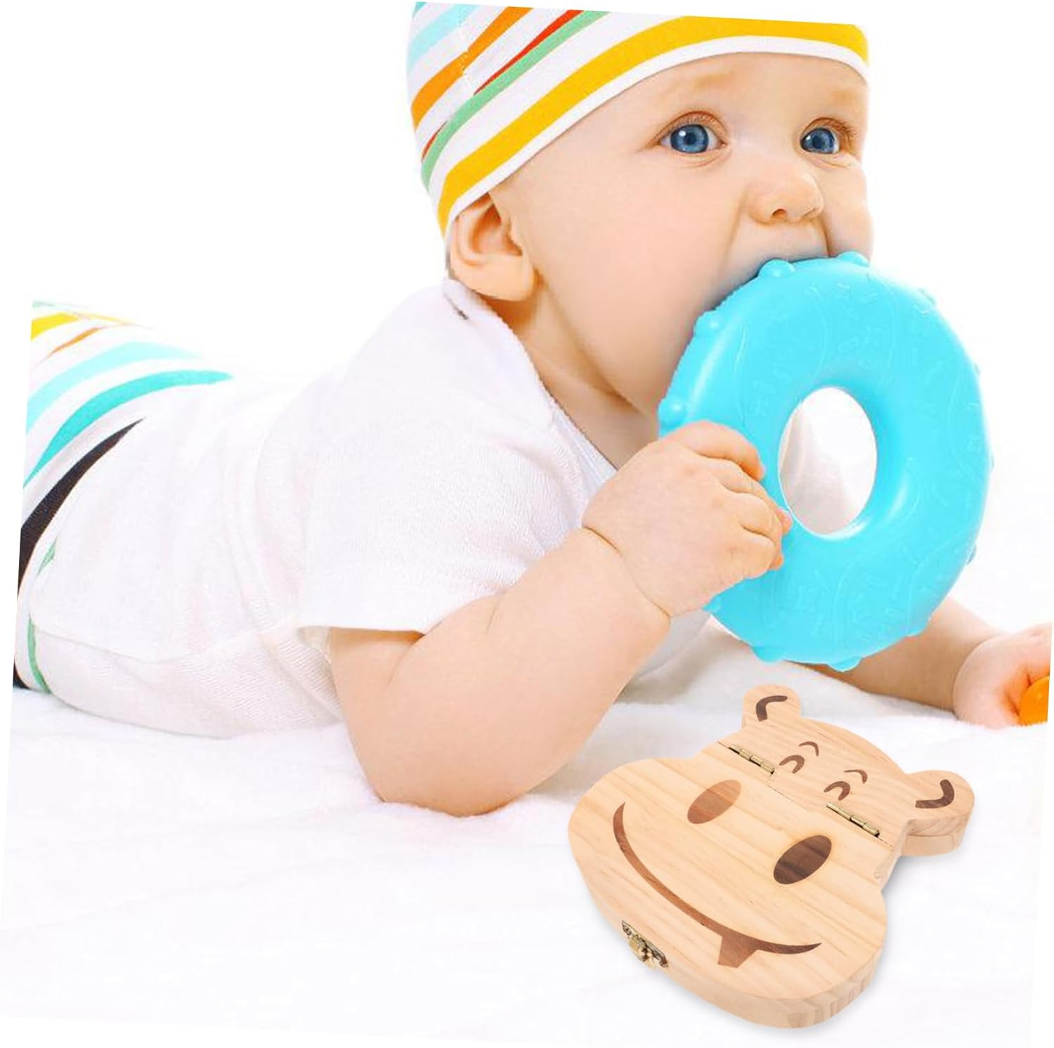 Boys and Girls Tooth Storage Box and Baby Tooth Case Wooden Cartoon Hippo Design Keepsake Organizer for Newborn Souvenir and Fetal Hair Keepsake image number 6