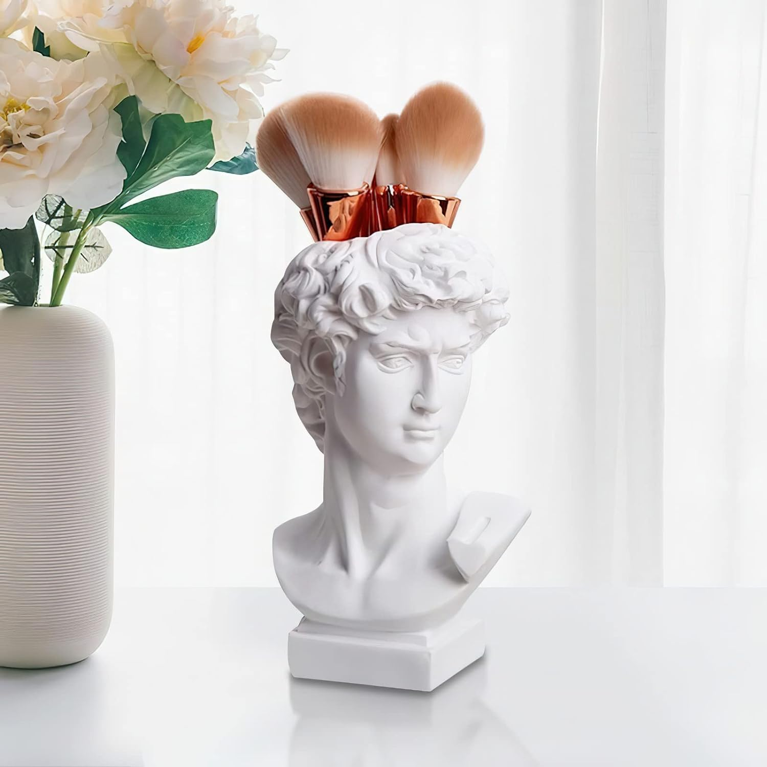 David Statue Vase - 6 Inch Greek Bust Head Aesthetic Planter White Home Decor Roman Style Resin Succulent Flower Planter Pot Sculpture Brushes Holder Makeup Pen Holder image number 1