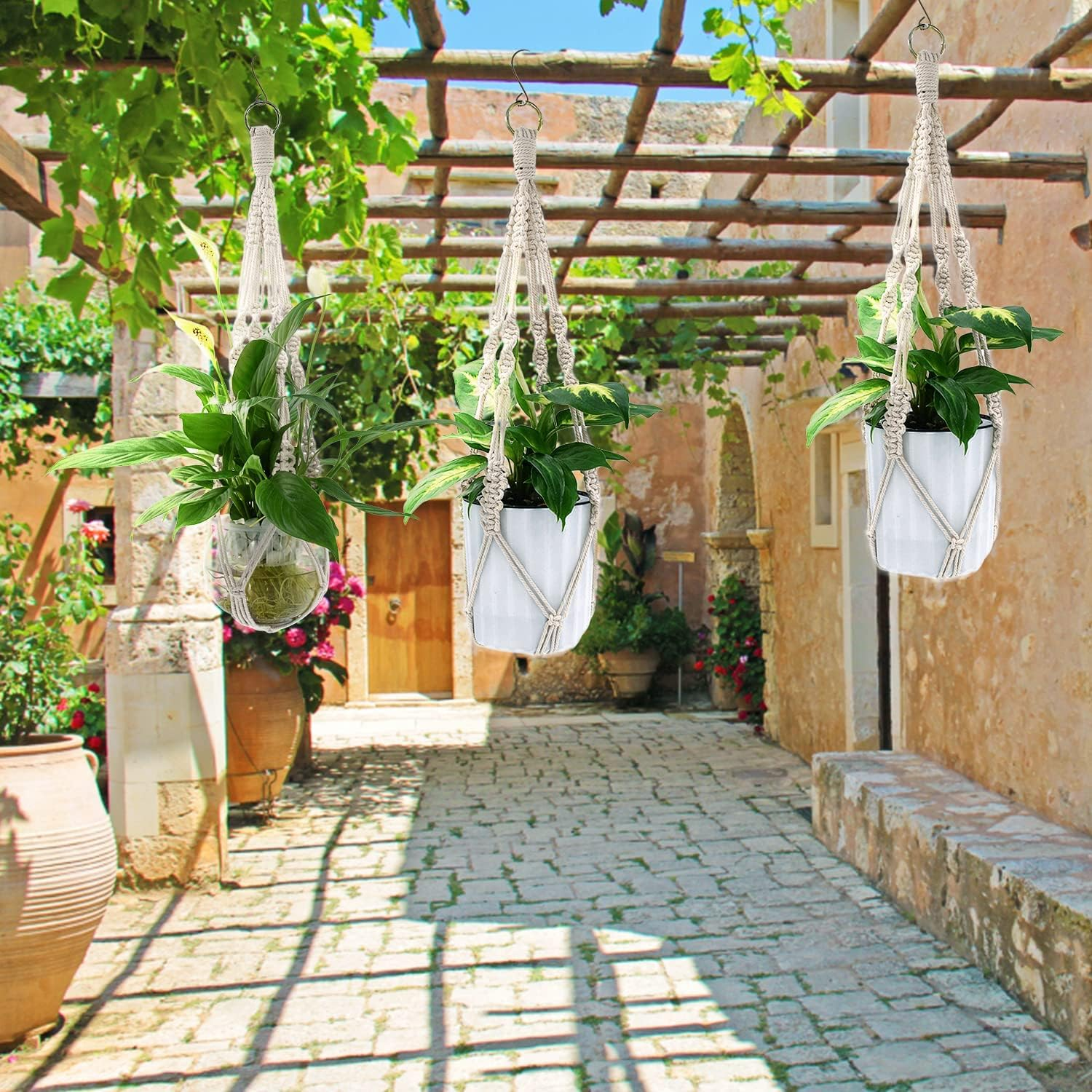 2 Pack Macrame Plant Hanger Indoor Outdoor Hanging Planter Natural Manual Knitted Cotton Macrame Cord Plant Hanger with Ring for Home Decor Ceiling Wall Planters Hanging, 20 Inch image number 6