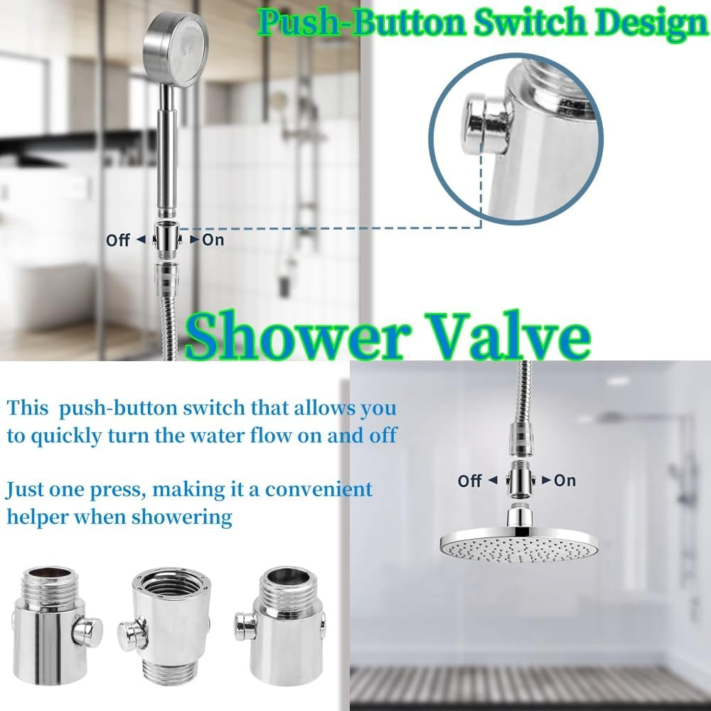 3PCS G1/2 Shower Head Shut-Off Valve, Button Type Water Flow Control Valve for Handheld Shower, Silver Water Regulator Reduce Water Consumption, Universal Replacement Part