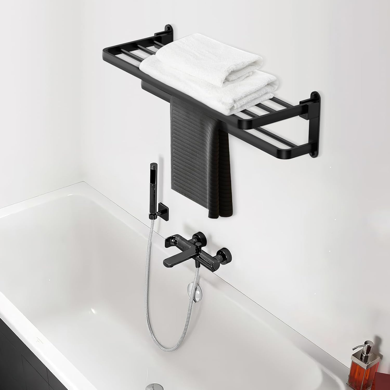 BOZWELL Bathroom Lavatory Towel Rack with Two Towel Bars,24-Inch Towel Holder with Shelf BZ205-A (Matte Black) image number 2