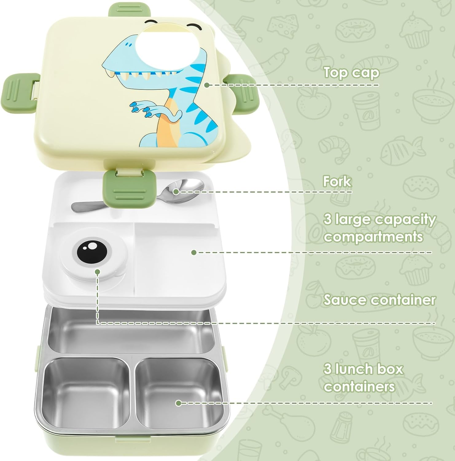 Stainless Steel Toddler Lunchbox, with Lid for Kids Double Layer Lunchbox Food with Compartments Microwave Safe for School Camping Travel (Green) image number 2