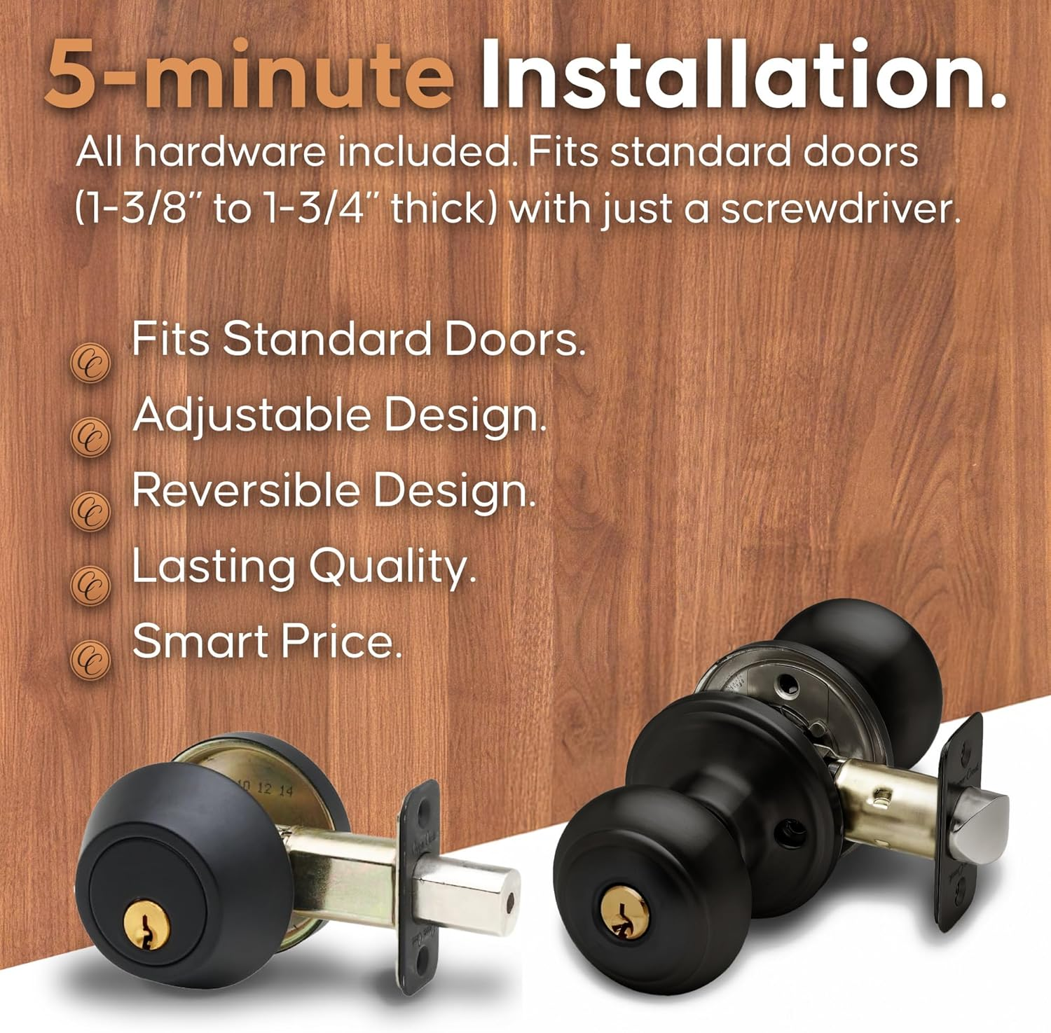 Copper Creek CKDB141BC Colonial Door Knob Keyed Alike with Deadbolt Combination, Black - Polished Stainless image number 5