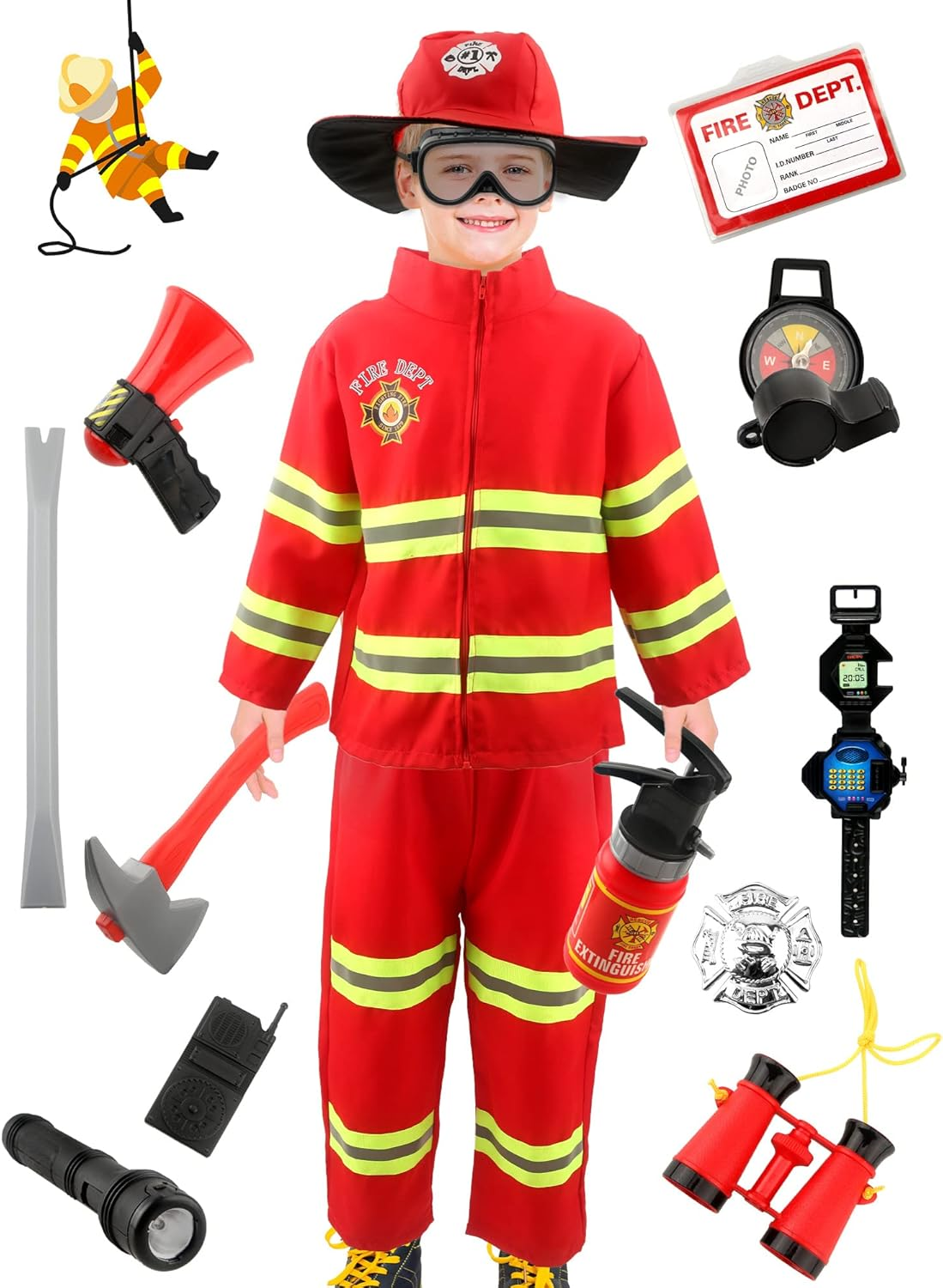 17 Pcs Kids Fireman Costume Set Fire Chief Firefighter Dress up Outfits for Halloween Firefighter Pretend Role Play Toys image number 6