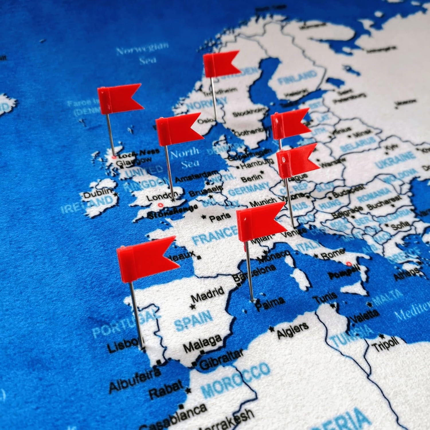 World Map XXL 51 X 28 Inches, Travel Pin Board with Fleece Surface in Modern Wall Art Design, 20 Flag Push Pins Included