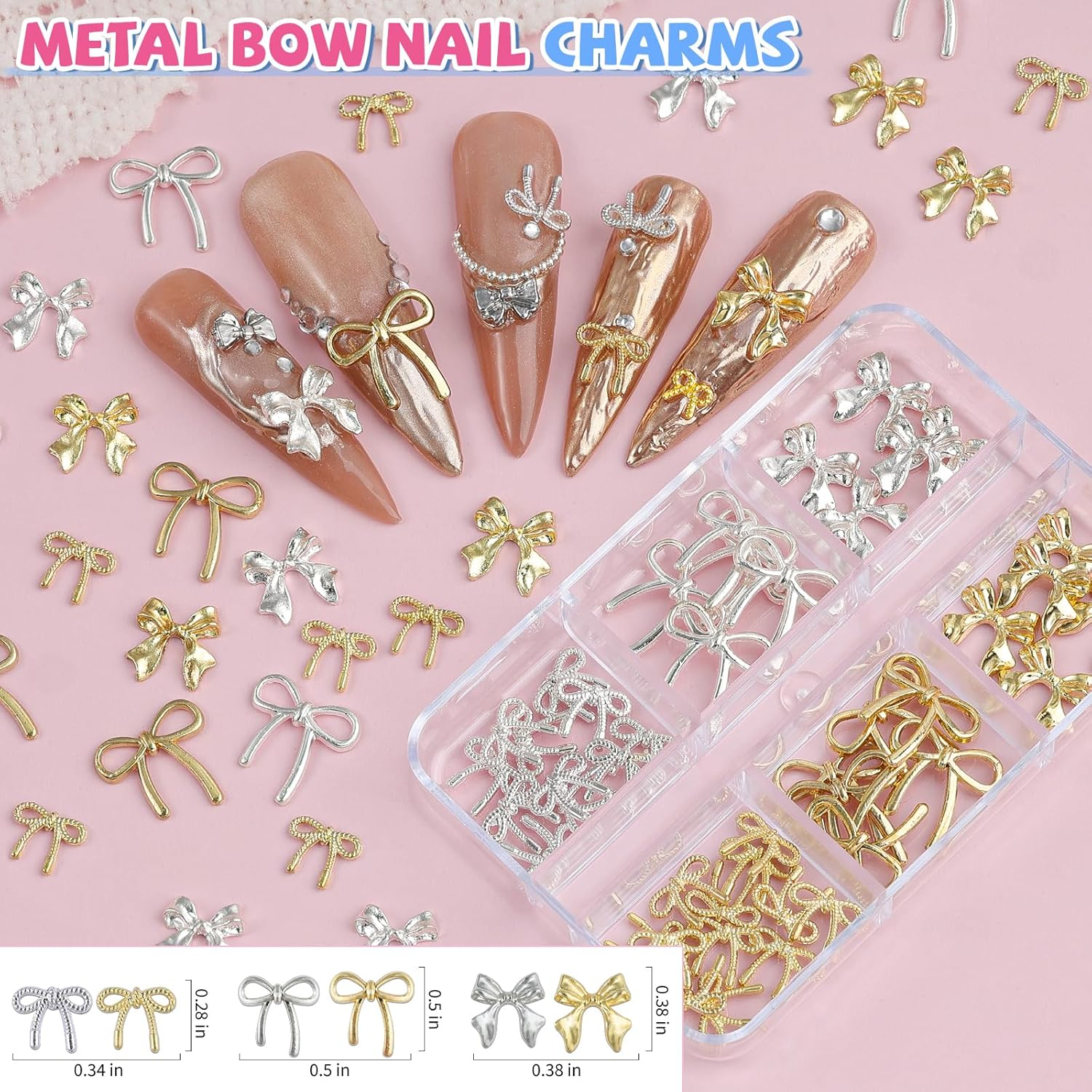 4 Boxes 3D Bow Nail Charms, Black/Silver/Gold Bows Charms Cute Resin Nail Bow Assorted Luxury Metal Bowknots with Pickup Tools for Women Nails Design Crafts DIY - 4B-Black image number 4