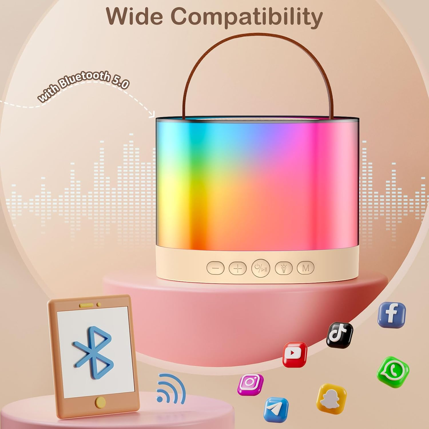 JYX Mini Karaoke Machine for Boys and Girls, Portable Bluetooth Speaker with 2 Microphones, Support TF/AUX Input/Funny Magic Voice, Gifts for Birthday Party (Beige-2Mic) image number 1