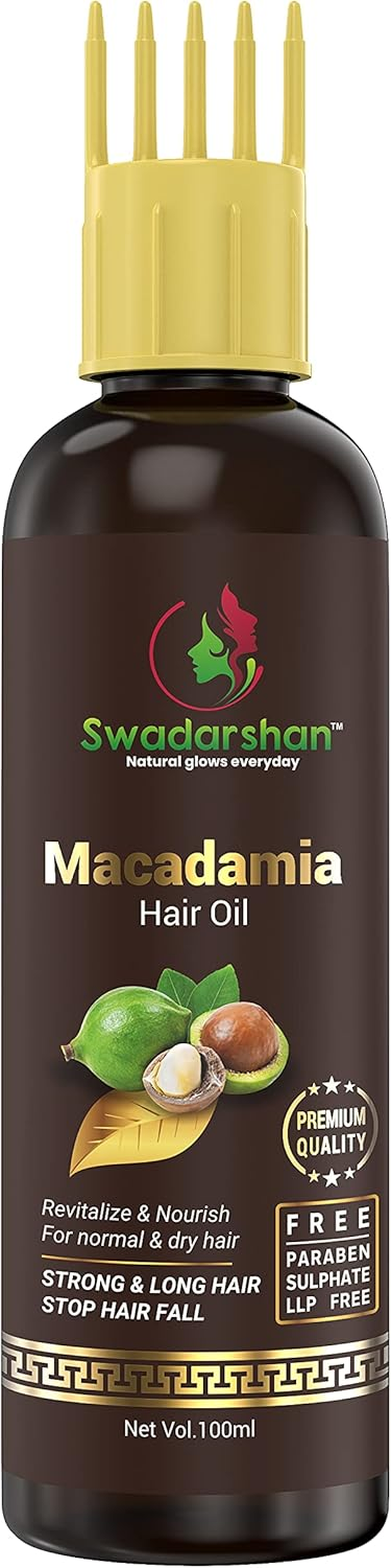 Swadarshan Macadamia Hair Oil for Curly Hair Strengthen Smoothing and Moisturizing Hair Scalp Reducing Frizz & Flyaways with Macadamia Nuts Aritha Heena & Coconut (Single100Ml)