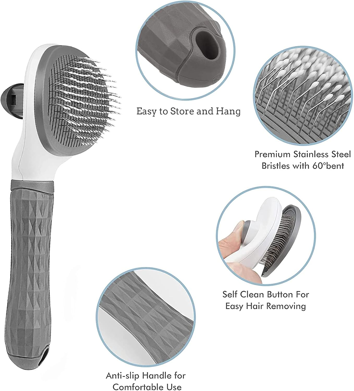 Dog/Cat Brush Grooming Comb,Self Cleaning Slicker Brushes with Smooth Handle,Pet Grooming Tool with Cleaning Button for Cat Dog Shedding Tools Massage Clean Tangled Brush(Grey) - Blue image number 3