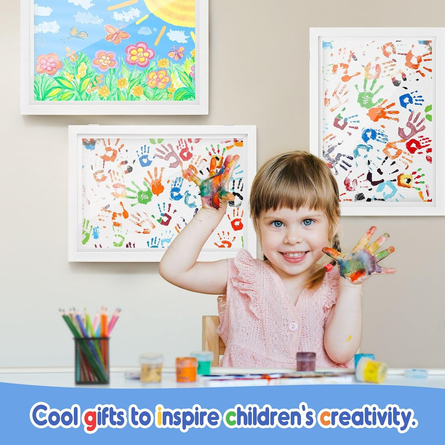 Luxsuite 4 Pack Kids Art Frames Wooden Artwork Frames White Front Opening Children Picture Storage Frame Wall Holds 50-150Pcs Horizontal and Vertical Picture Display for Crafts Art Projects Drawing 3D Artwork White image number 3