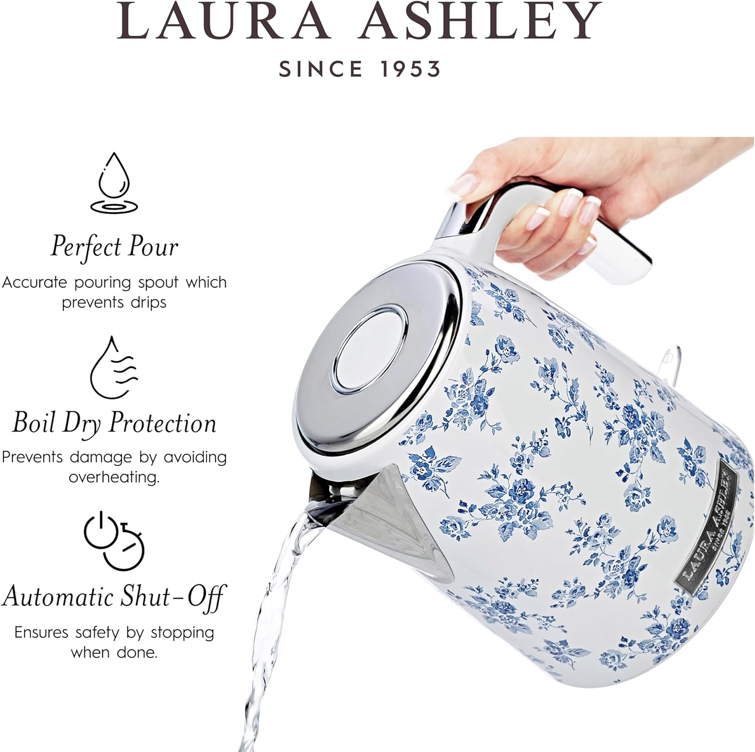 Laura Ashley China Rose Kettles Electric 1.7 Litre - Stainless Steel Electric Kettles Fast Boil Quiet - 2.2KW Rapid Boil Electric Kettle Cordless - Overheating & Boil Dry Protection Jug Kettle image number 4