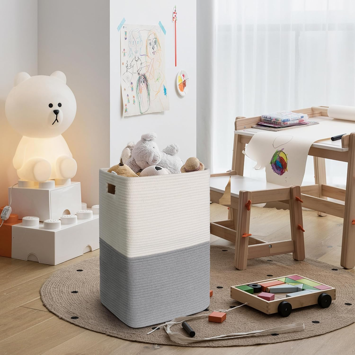 MEGASKET Large Laundry Hamper Basket, 16"X13"X22" Hampers for Bedroom Aesthetic, Cotton Rope Dirty Clothes Hamper, Soft Baby Kids Nursery Wicker Laundry Basket, Tall Woven Laundry Bin, Gray, 75L - Black Stripe image number 6