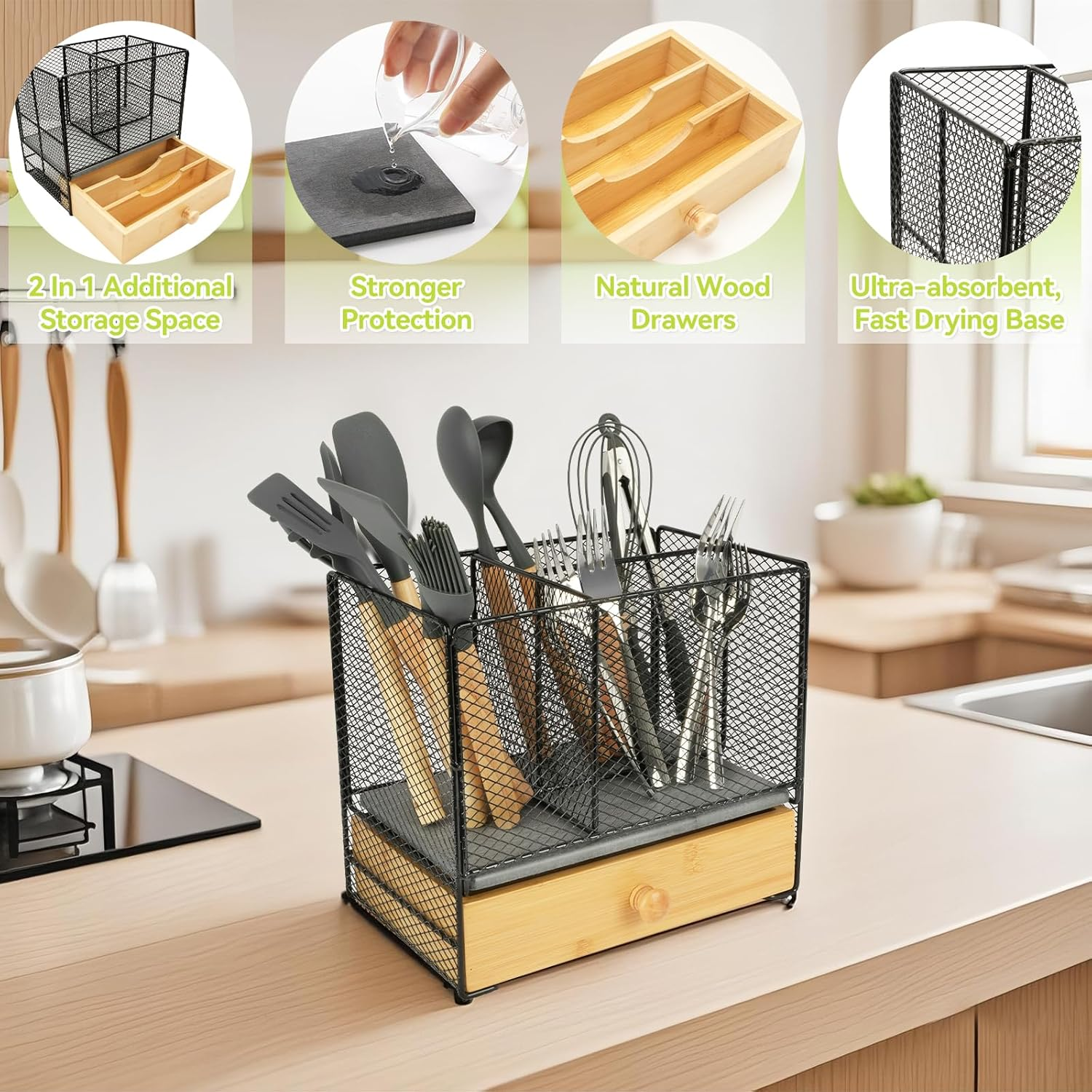 Dish Drying Rack for Kitchen Counter - Space-Saving Stainless Steel Dish Drainer with Cutlery Holder, Kitchen Storage & Organisation, 29.0 X 38.1 X 12.7 Cm, Black image number 4