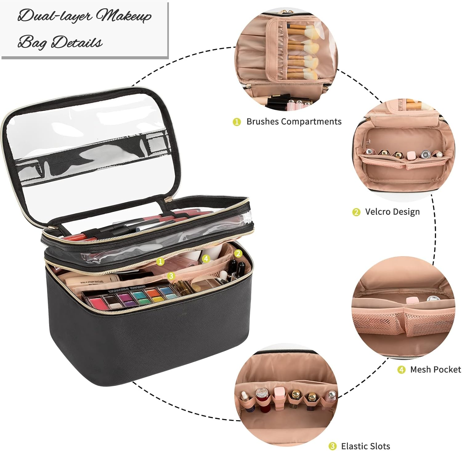 OCHEAL Makeup Bag, Double Layer Cosmetic Cases Travel Makeup Organizer Toiletry Bags Large Make up Bag for Women Girls with Adjustable Dividers and Brush Organize Area (Black Clear) image number 3