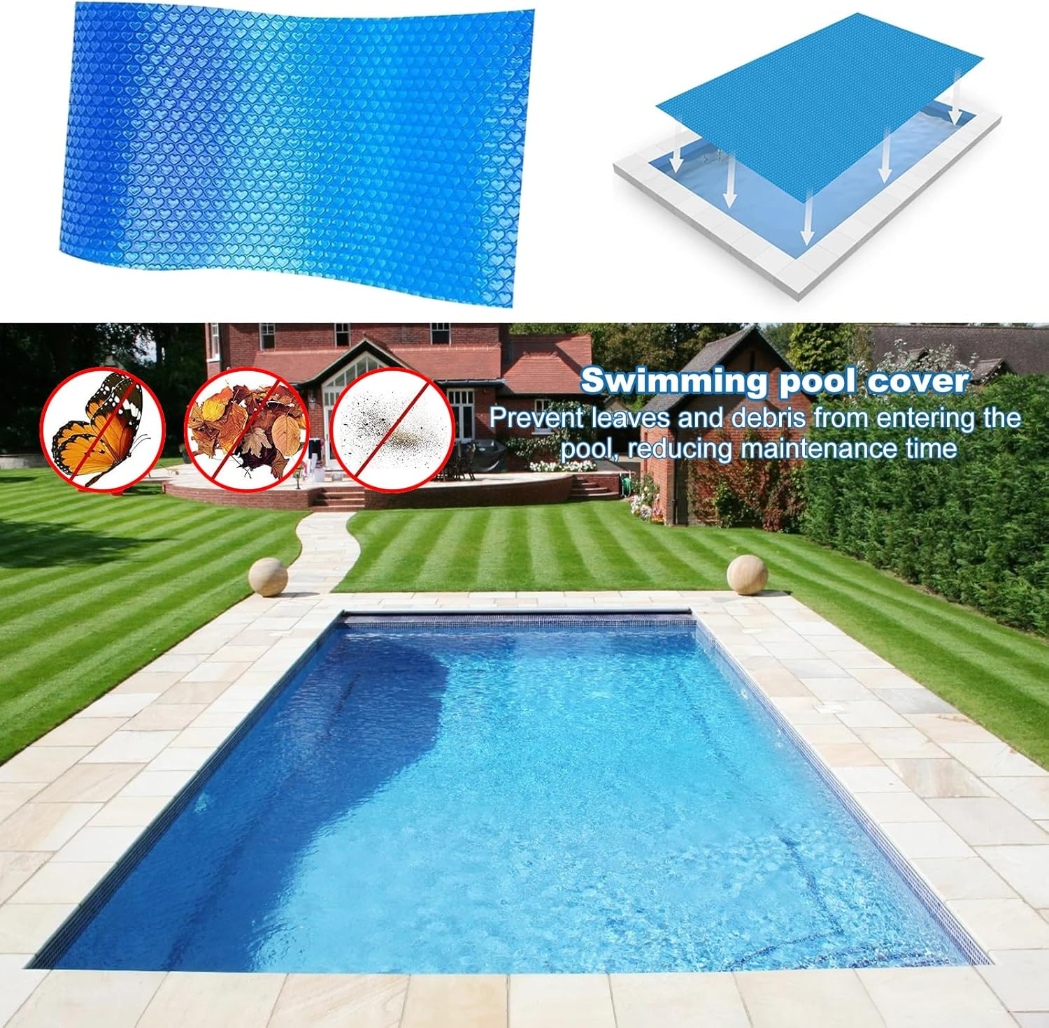 Pool Cover, 2.2 X 1.5/2.6 X 1.7/3 X 2M PE Micron Bubble Solar Isothermal Swimming Pool Cover, Cuttable Reduced Evaporation Protective Swimming Pool Blanket for Outdoor (220 X 150Cm) image number 2