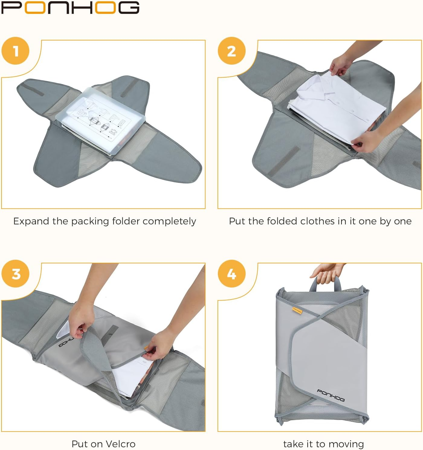 Ponhog Garment Folder - Original Garment Packing Folder Premium Travel Garment Bag Foldable Clothes Shirt Bags Luggage Accessory with Wrinkle-Free Folding Board and Compression Wings Grey, Grey, 1 PCS image number 1