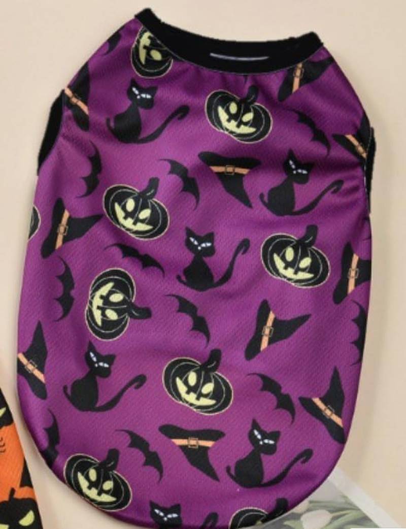 Halloween Dog Clothes Pumpkins Spider Web Bats Printed Dog Vest Cat Skin Friendly Fitted Outfits (Purple, XL) image number 1