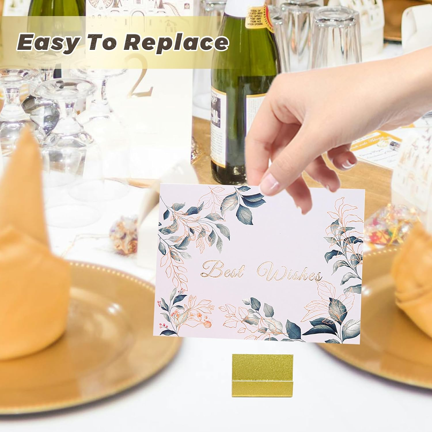 ORNAROVI 12 PCS Gold Table Card Holders, Metal Table Number Stands, L-Shaped Placecard Holders for Table Price Tags Food Signs, Vintage Number Holder for Wedding Reception (Gold) image number 4