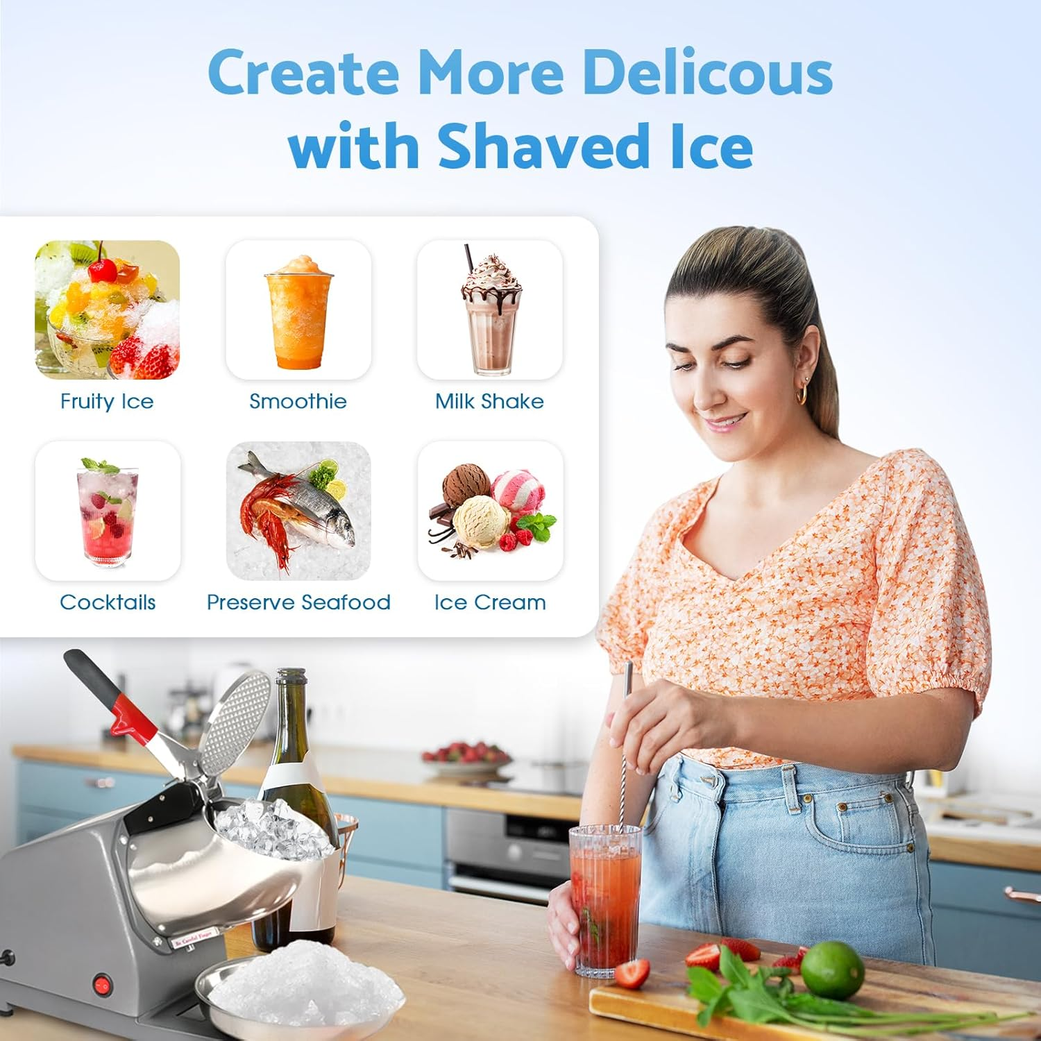 Advwin Shaved Ice Maker, 300W Electric Ice Crusher Stainless Steel Shaving Blade, (65Kg/Hr, 1400Rpm), Suitable for Home and Commercial Use image number 5