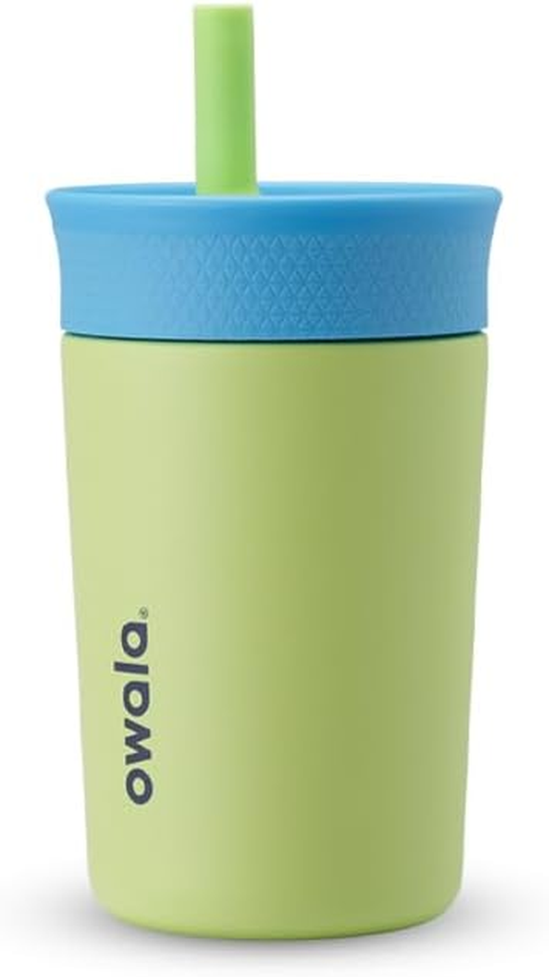 Owala Kids Insulation Stainless Steel Tumbler with Spill Resistant Flexible Straw, Easy to Clean, Kids Water Bottle, Great for Travel, Dishwasher Safe, 12 Oz, Blue and Light Green (Turtley Awesome) image number 1