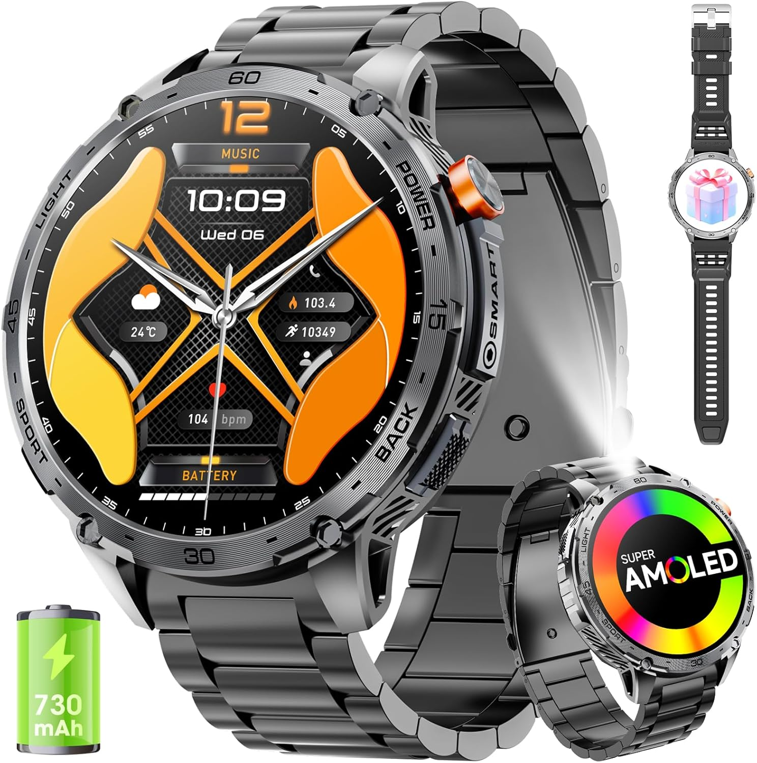 Military Smart Watch for Men 1.75" HD AMOLED Display 730Mah Battery Smart Watches with LED Flashlight for Android Ios（Bluetooth Call Answer/Dial Calls） Fitness Tracker