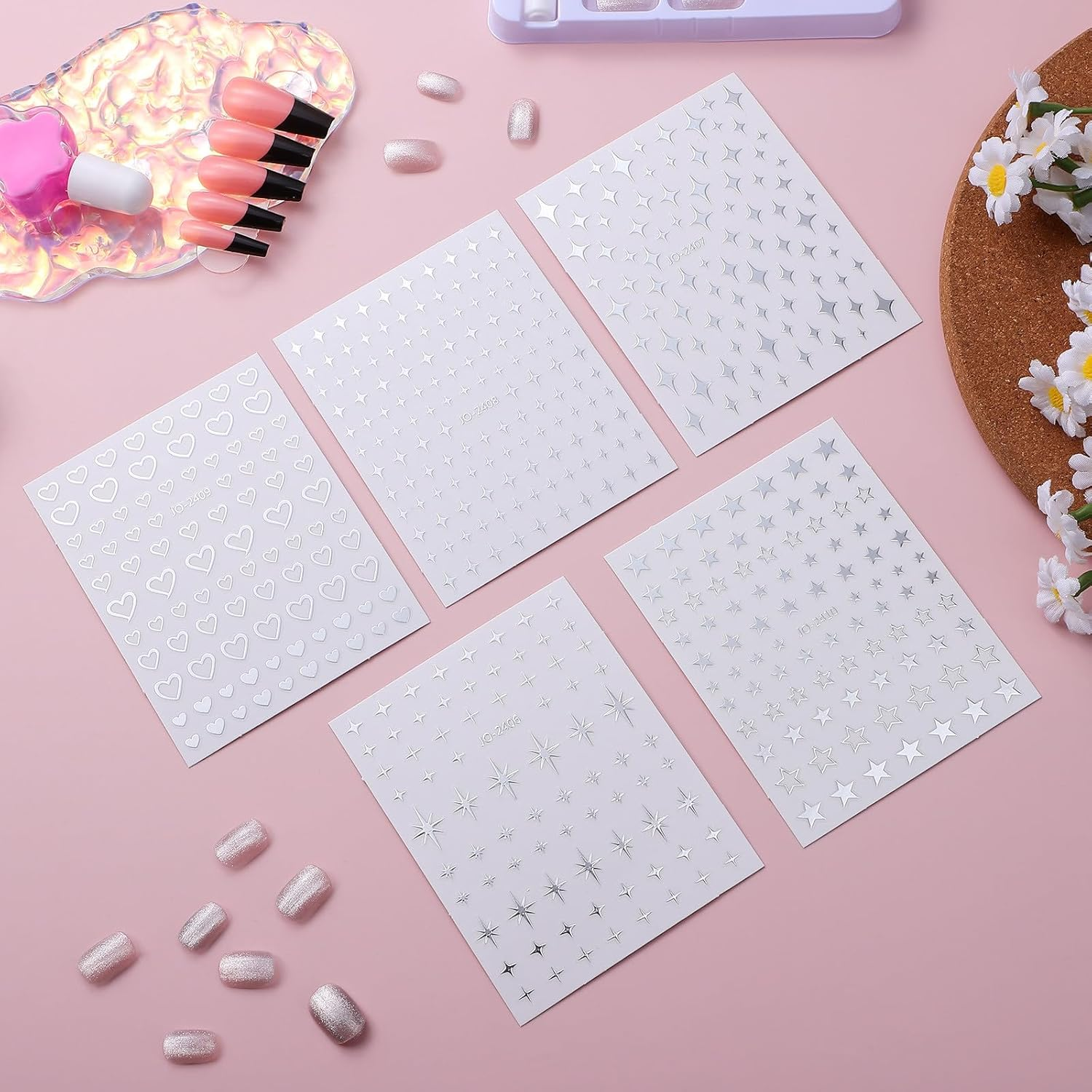 OFFIGAM 5 Sheets Nail Art Stickers Silver Stars Small Design Star Nail Decals Sparkle Metal image number 4