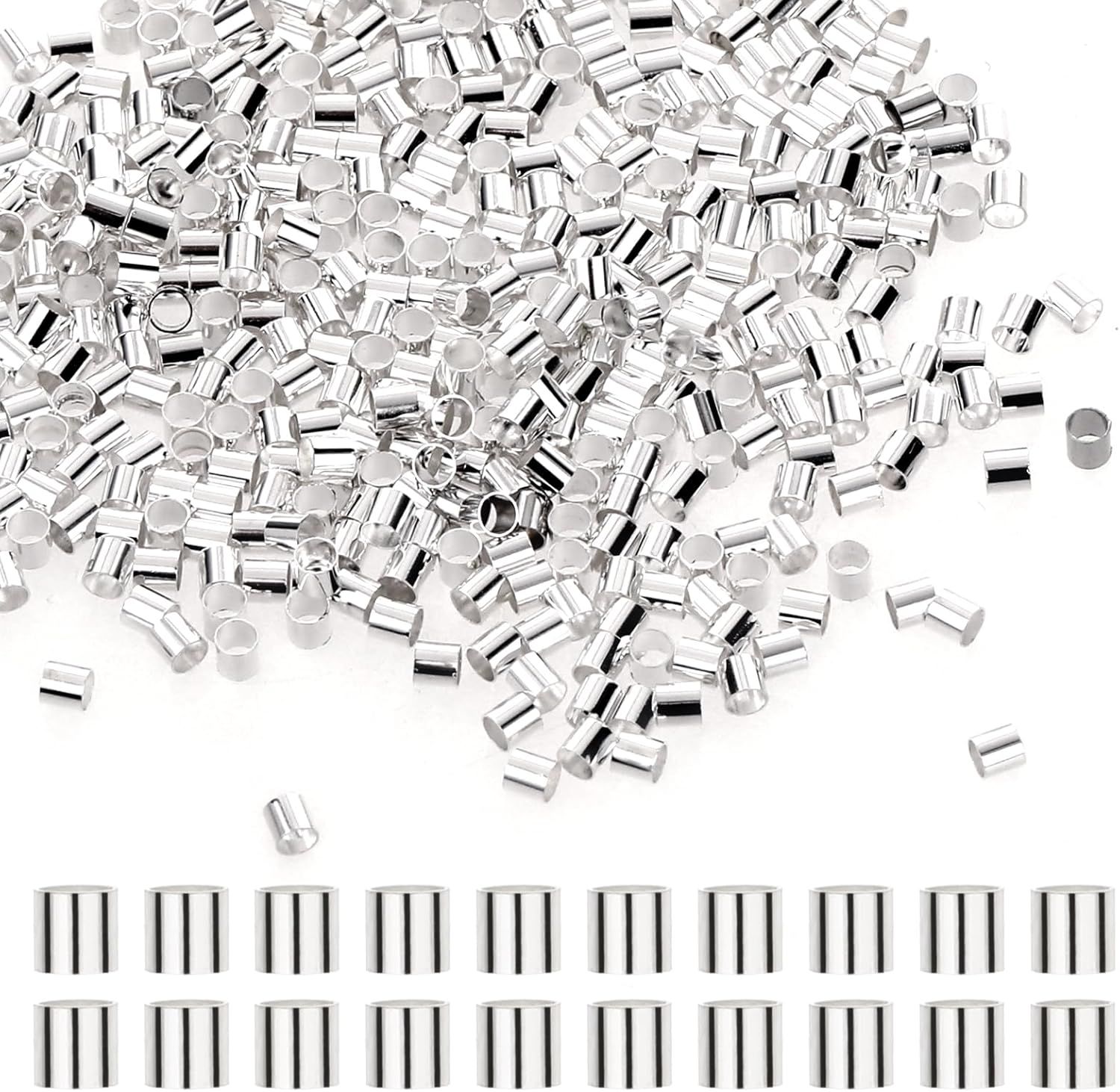 500 Pcs Crimp Beads Brass Crimp Tubes Crimping Beads Jewelry Crimp Bead Stopper Loose Spacer Beads Cord Ends for Earring Necklace Pendant Jewelry Making (Silver) image number 4