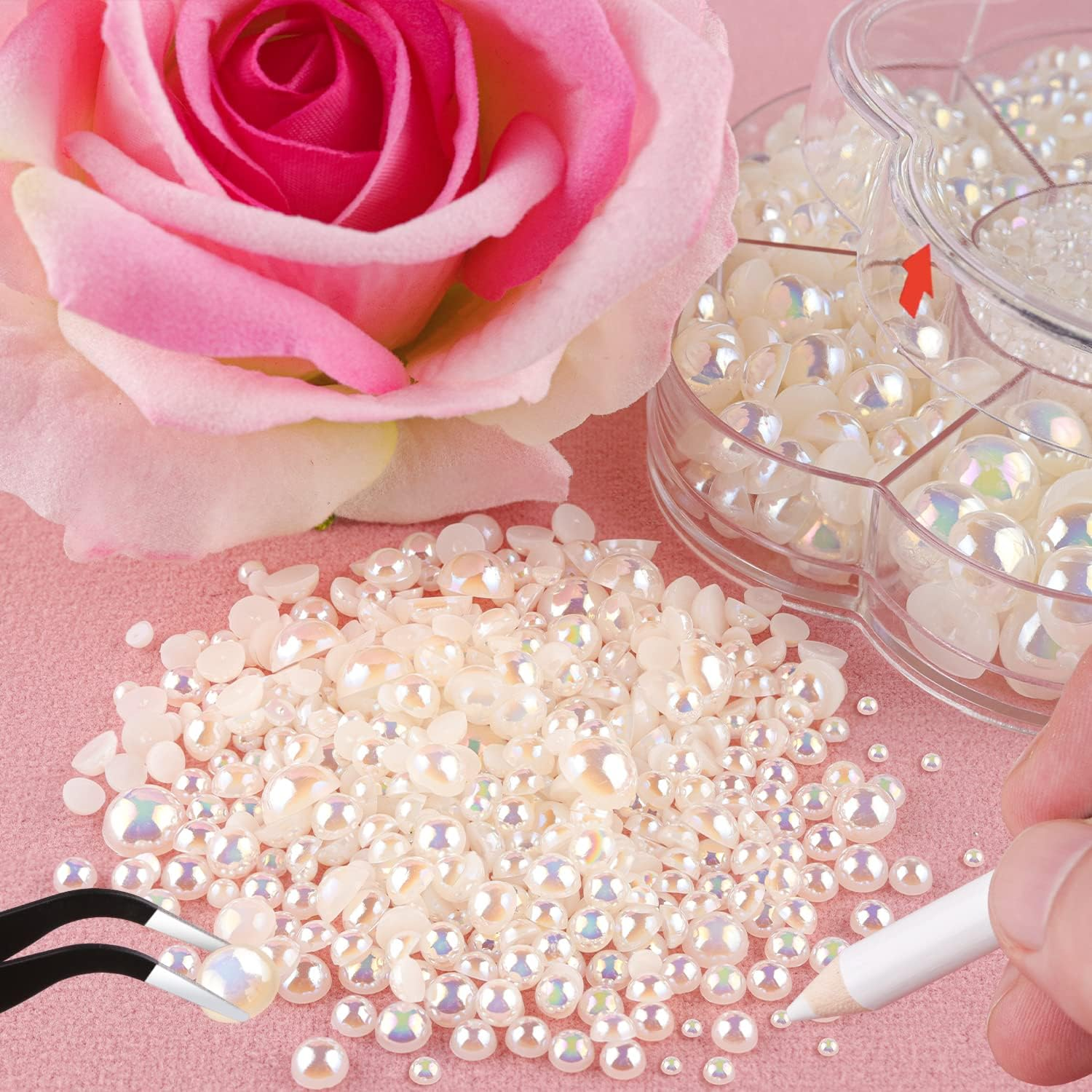 Nail Art Flat Back Half round Pearl Kits 2, 1 Box of 5600 Pcs Flat-Back Beige AB Pearl with Tweezer and Picker Pencil for Home DIY Nails Body Face Craft and Salon Use image number 1
