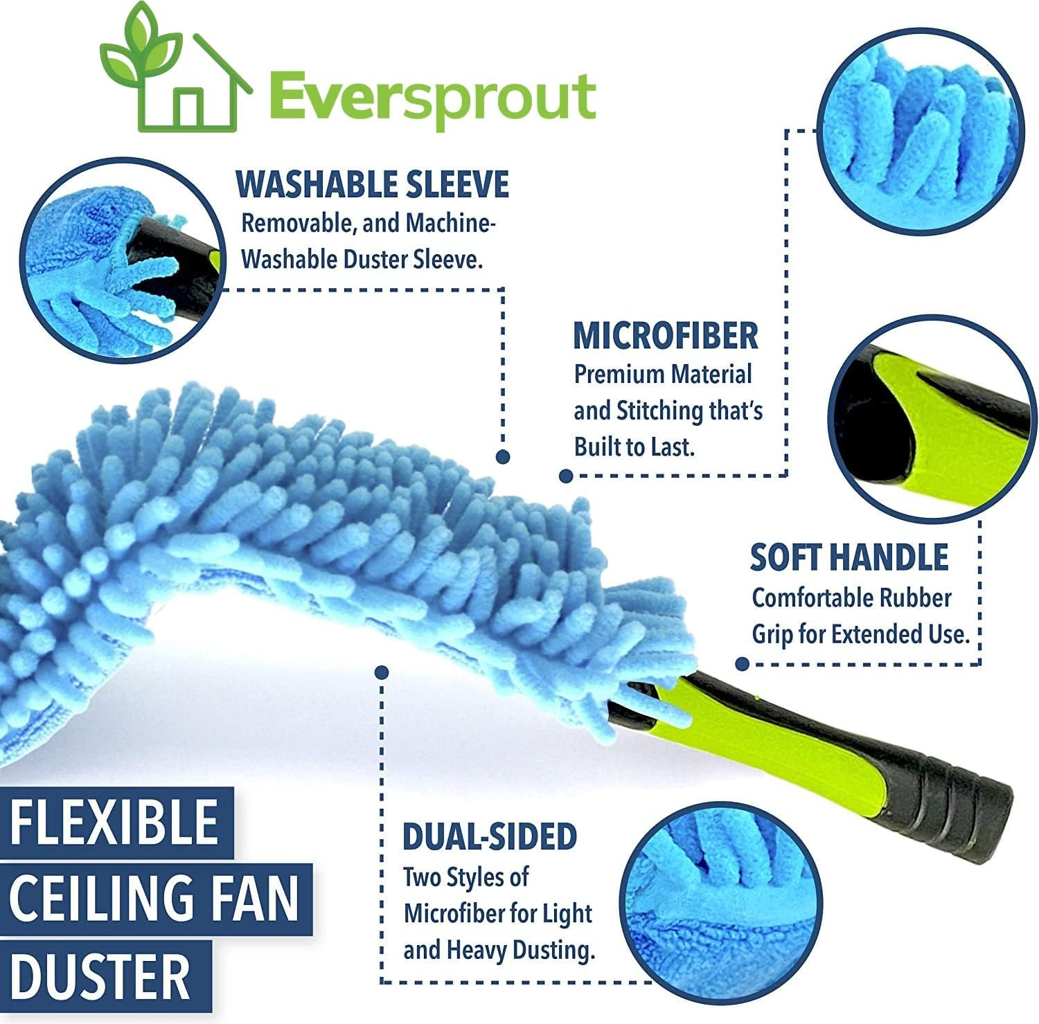 EVERSPROUT 1.5-To-4.5 Foot Flexible Microfiber Ceiling & Fan Duster | 8-10 Ft Standing Reach | Bendable to Clean Any Fan Blade | Removable & Washable Brush Head | Premium Lightweight Extension Pole image number 6