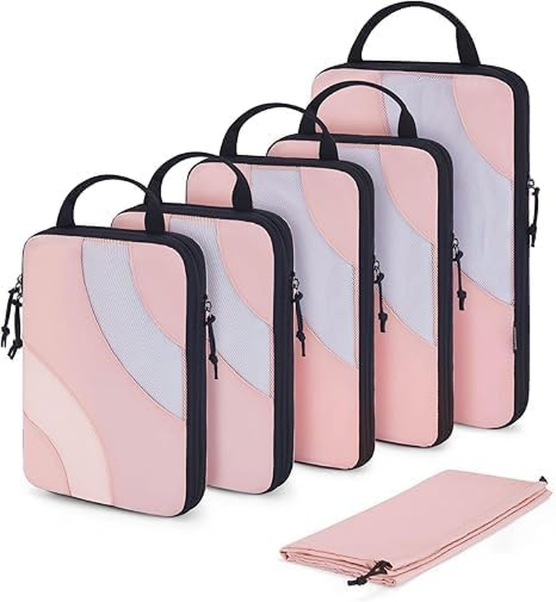 Telfun Compression Packing Cubes, 6 Set Travel Packing Cubes for Carry on Suitcases, Compression Suitcase Organizers Bag Set & Travel Cubes for Luggage, Lightweight Packing Organizers (Pink)