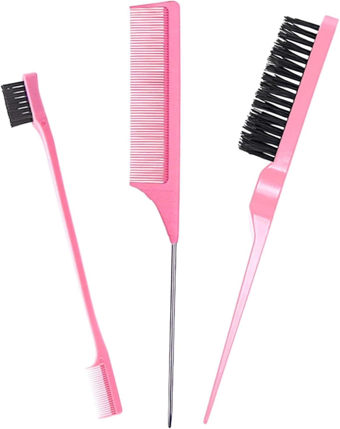 3 Pcs Slick Back Hair Brush Set, Curly Hair with Edge Brush, Bristle Hairs Brush, Rat Tail Comb for Edge and Back Brushing, Combing Slicking Hairs for Women(Color:Pink) image number 4