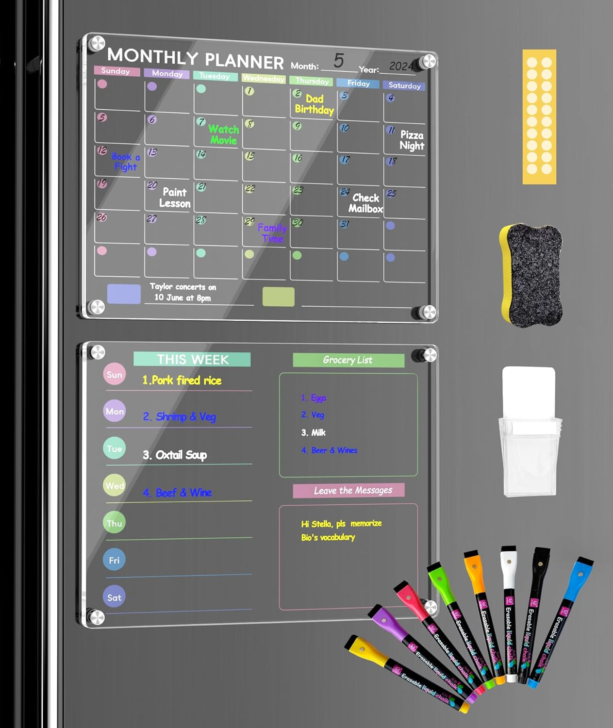 Joiyota Acrylic Magnetic Calendar for Fridge, 2-Pack Clear Dry Erase Monthly & Weekly Reusable Planner/Planning Board for Refrigerator, Includes 8 Markers, Pen Holder & Eraser, 30X40Cm, Popular in USA