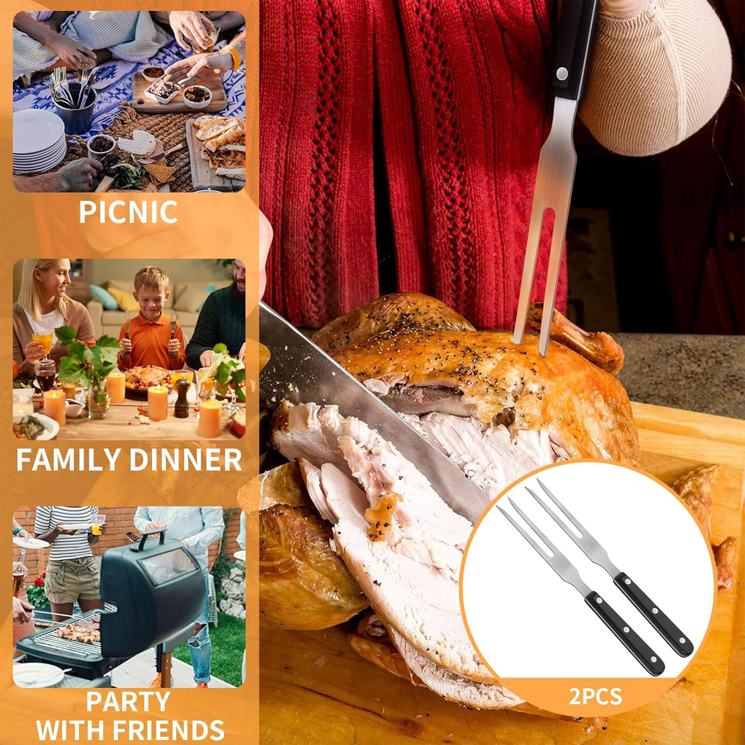 2 Pieces Carving Forks with Wood Handle Rust Resistant Stainless Steel Barbecue Forks Meat Forks Serving Forks Cooking Forks Kitchen Forks BBQ Forks Outdoor Barbecue Tools for Kitchen Roast Grilling