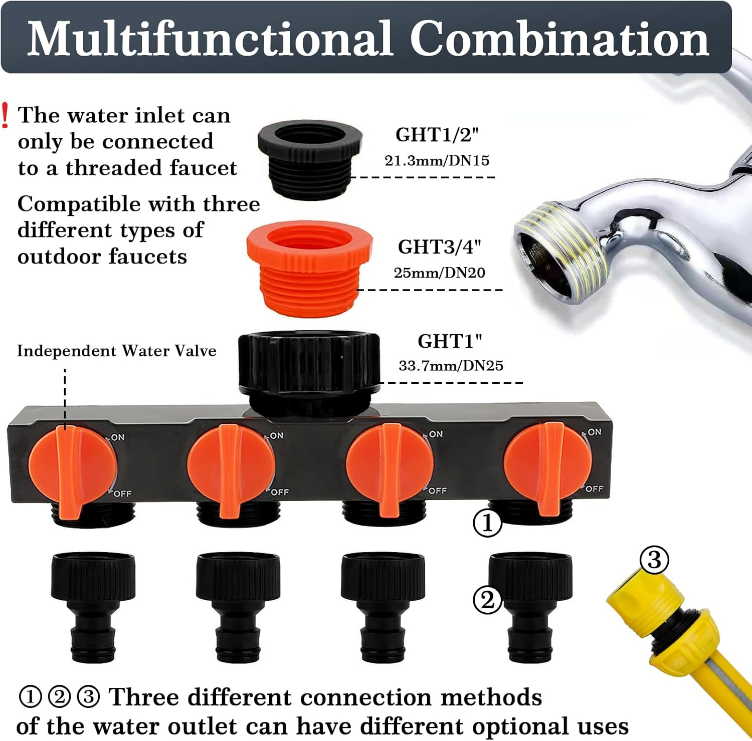 Faucet Splitter Garden Hose Connector 4-Way Garden Hose Splitter with Independent Valves, 3-Size Faucet Compatibility (GHT1/2, GHT3/4, GHT1) (Blue)