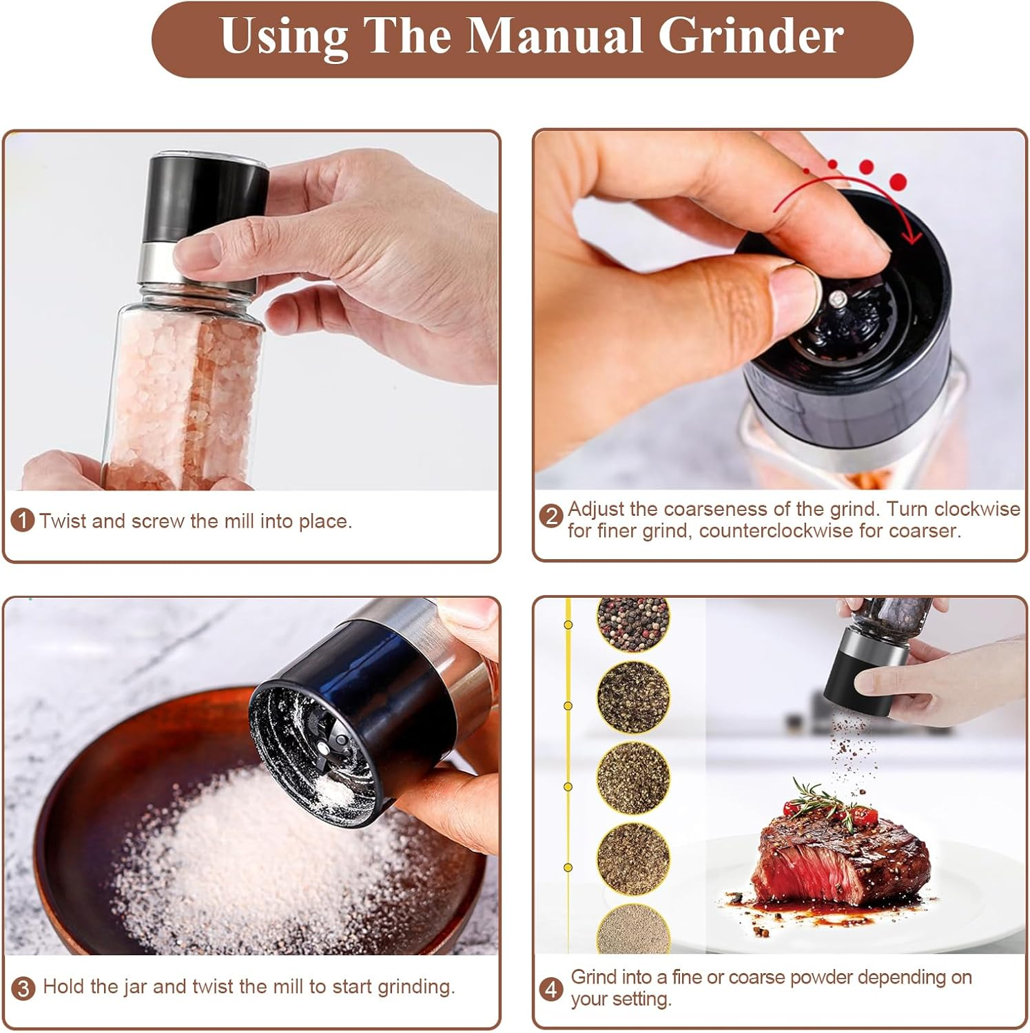 LIKHOPER Spice Jars Set of 12 &ndash; 120Ml Square Glass Bottles with Bamboo Lids, 2 Manual Grinder Tops, Kitchen Spice Storage Containers