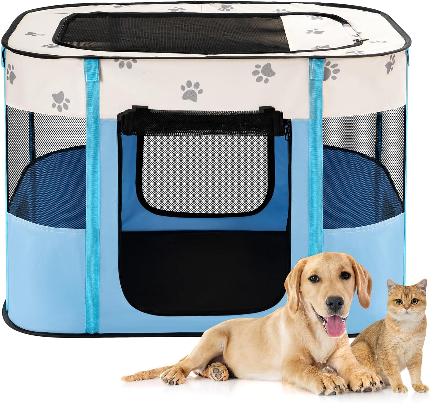 Avont Portable Dog Cat Playpen, Foldable Pop up Pet Play Pen Travel Crate with Floor and Mesh Door Top for Indoor Outdoor Collapsible Tent Cage -S, Orange