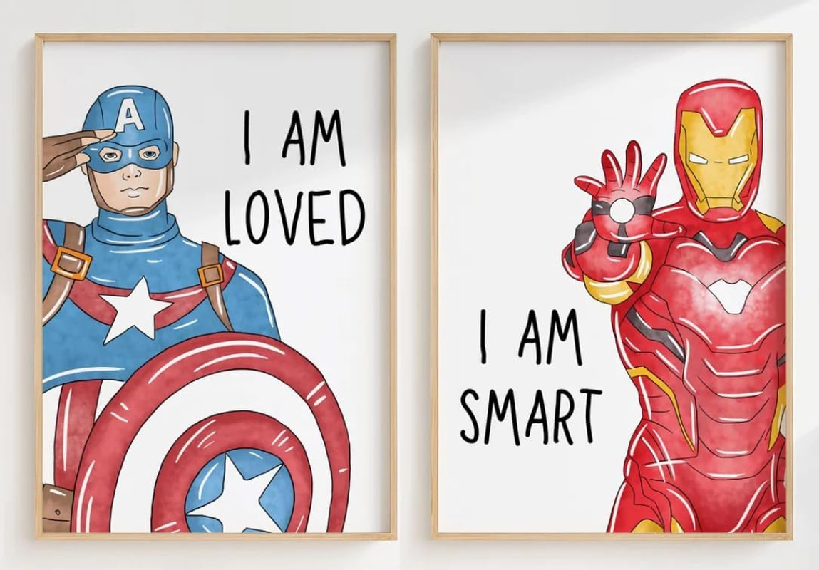 Shophaven Superheroes Art Print Set of 6, &lsquo;I AM&rsquo; Affirmations, Boys Bedroom D&eacute;cor, Kids Wall Art, Iron Man, Hulk, Spiderman, Thor, Black Panther and Captain America, Superheroes (11X14) image number 4