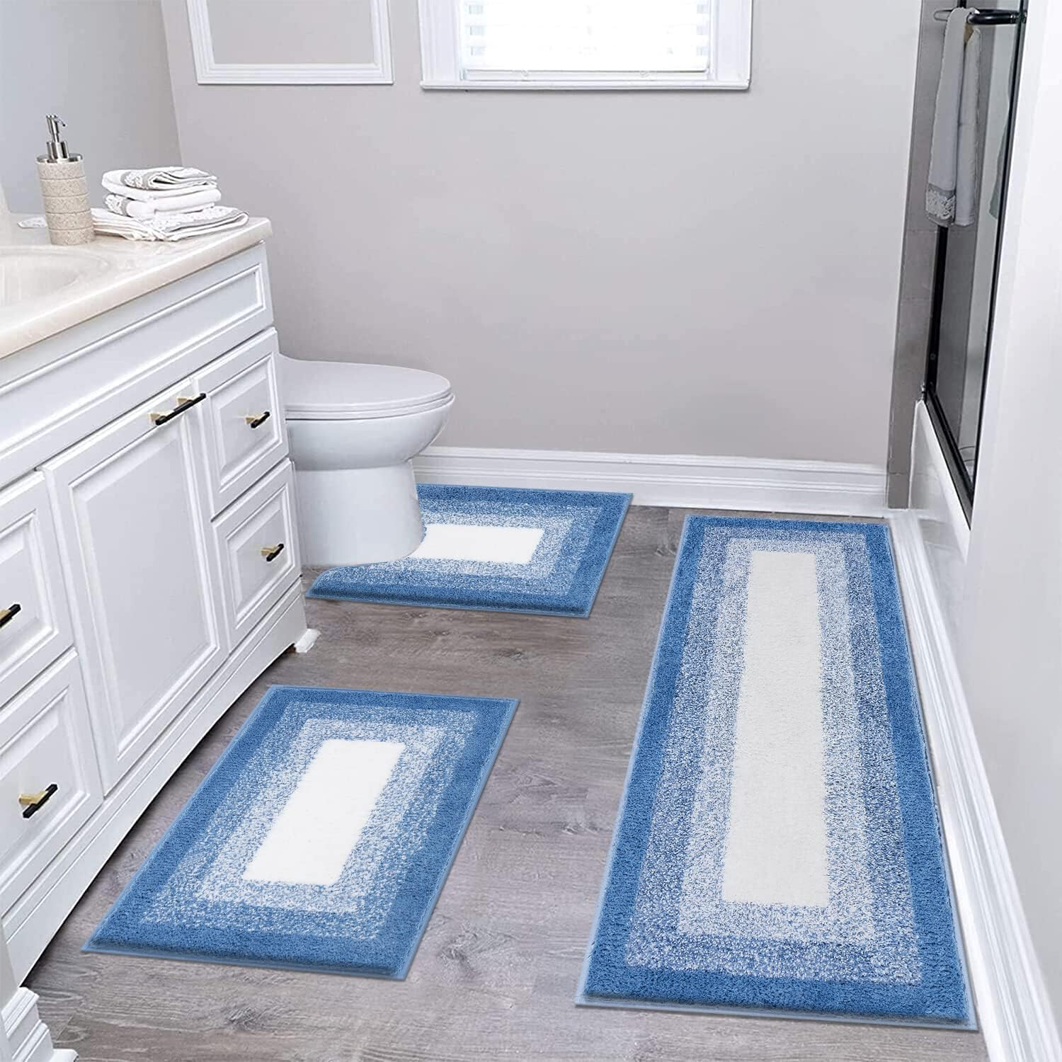 Bsmathom Bathroom Rug Set 3 Piece, Non-Slip Plush Shaggy Bath Mat, Soft and Absorbent Microfiber Bath Rugs for Bathroom, Tub and Shower Machine Washable,Blue