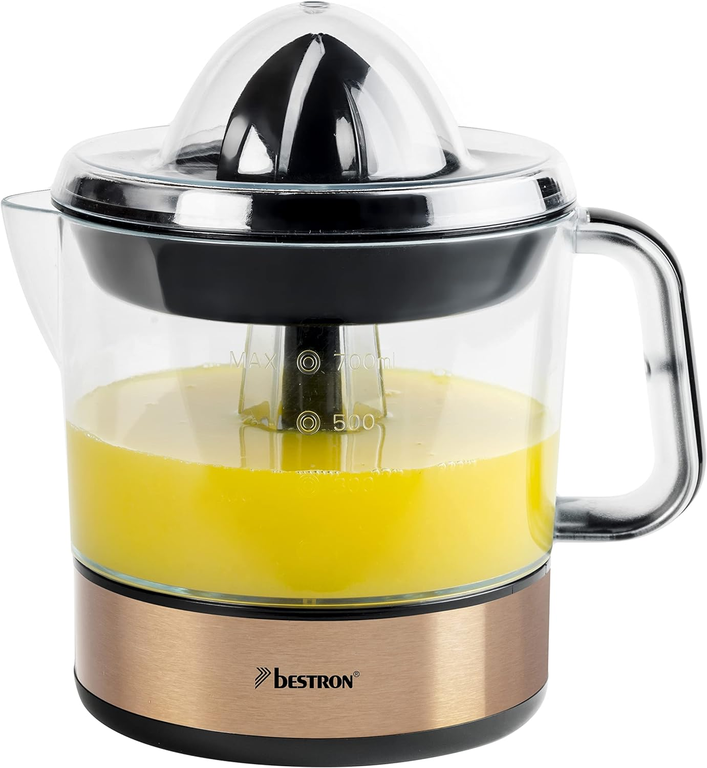 Bestron Electric Citrus and Orange Press, Including 2 Press Cones and Aroma Lid, Motor with Two Directions of Rotation (Left/Right), Capacity: 0.7 Litres, 40 Watts, Colour: Copper