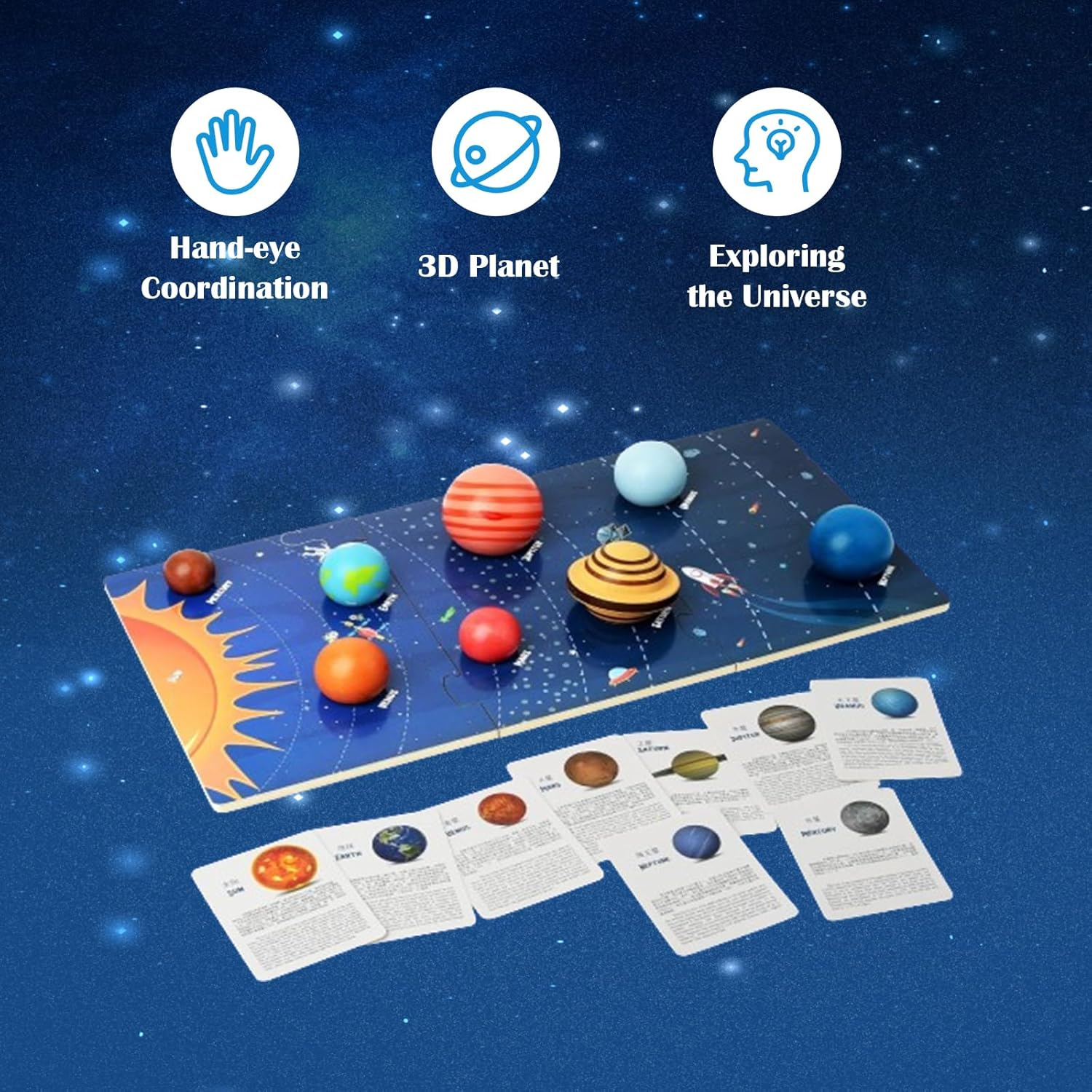 Planet Toys Montessori Wooden Solar System Model, Educational Toys for Kids 3-5, Preschool Learning Puzzle, Space Learning Toy, Planets for Kids (3D Planet) image number 1