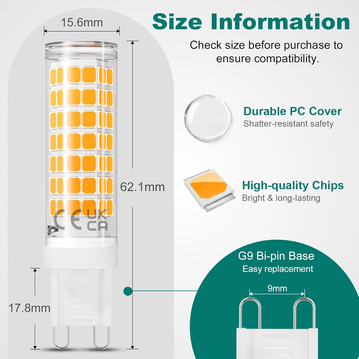 Dicuno G9 Dimmable LED Light Bulbs, 4W (40W Halogen Equivalent), 500Lm, Warm White (2700K), G9 Ceramic Bulbs for Home Lighting, 6-Pack - 6, Warm White image number 7