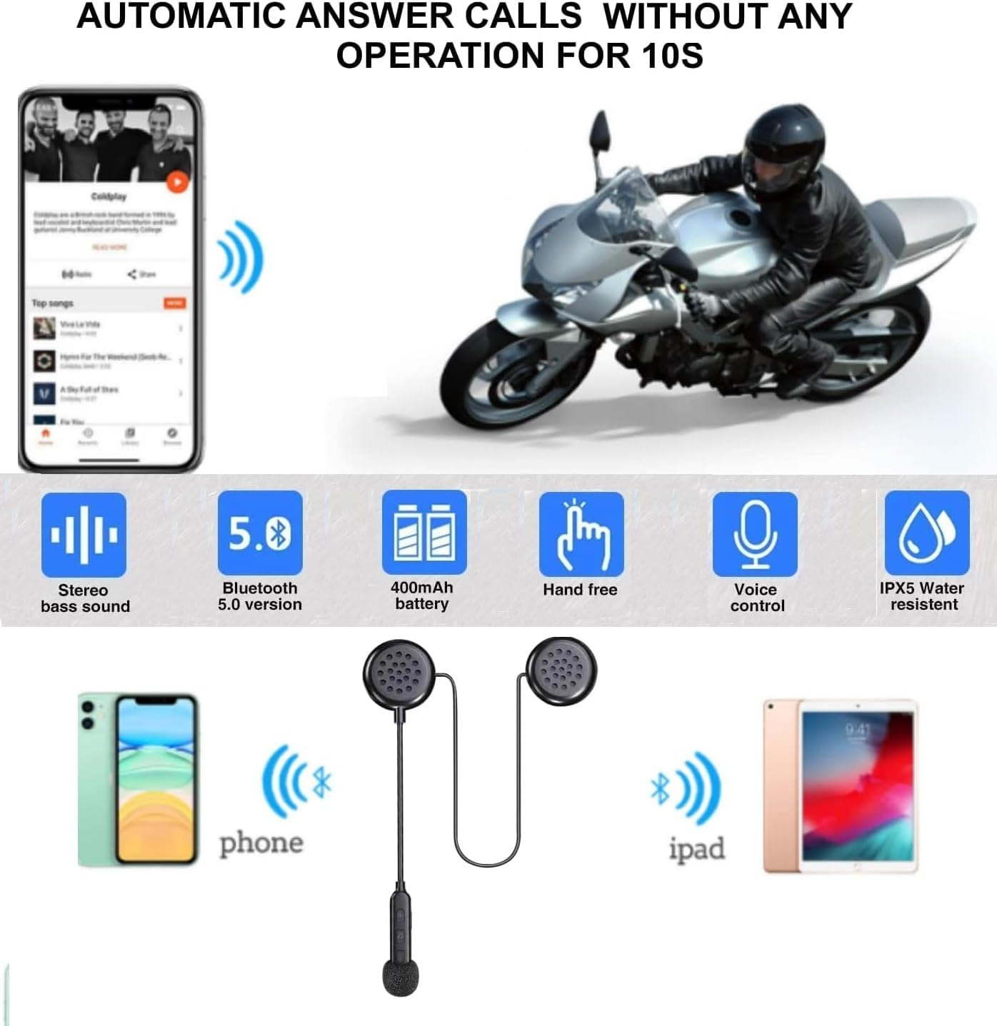 HM-1 Motorcycle Sports Helmet Wireless Bluetooth 5.0 FM Hands Free, Motorbike Headset Headphone Earphone Microphone Speaker Voice Dial Hifi Intercom Waterproof Moto Accessories image number 6