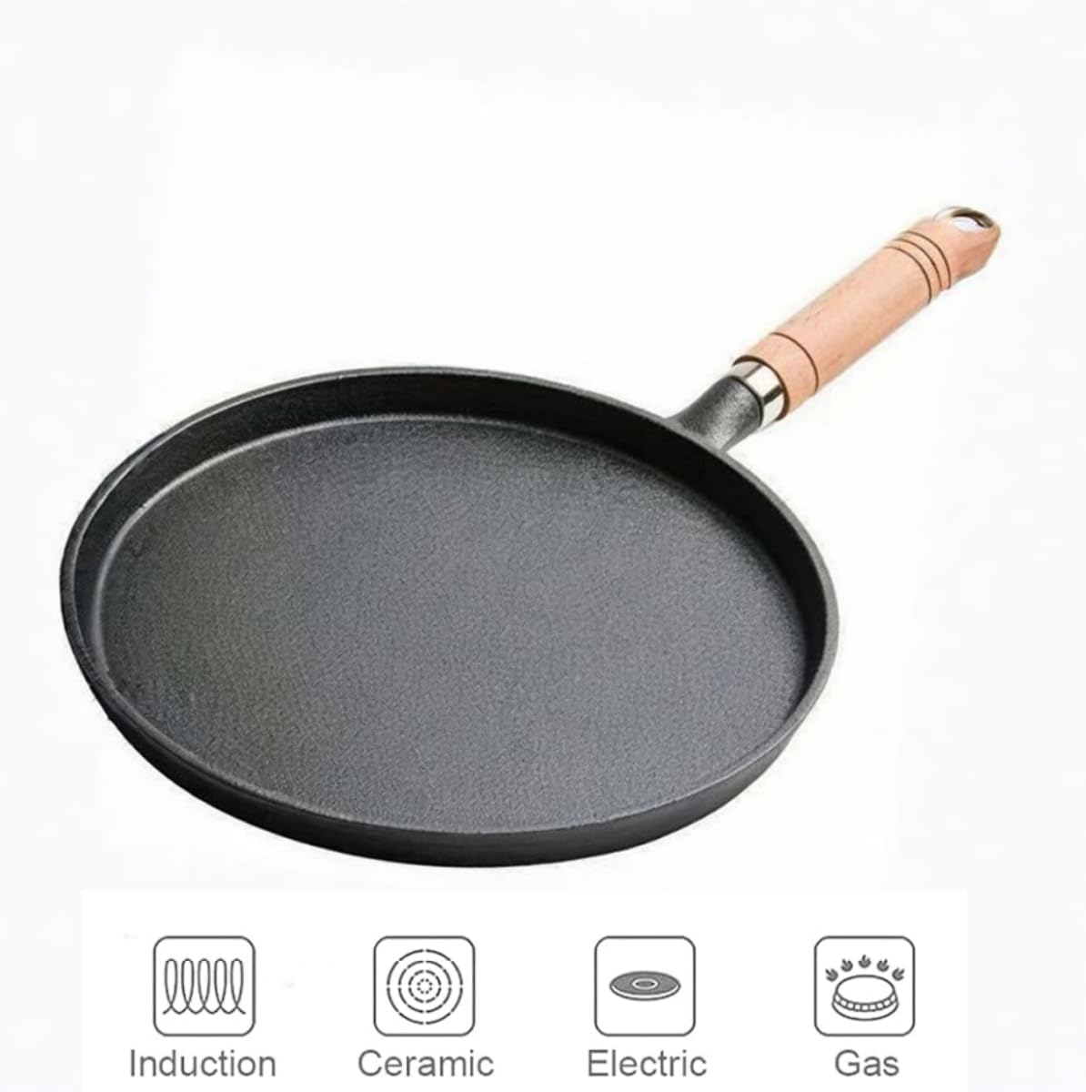 Cast Iron Flat Pan,Frying Pan, Skillet, Non Stick, Wooden Handle,Iron Pot, Flat Bottomed Pan (Simple 25Cm) image number 2